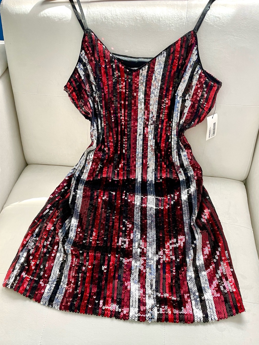 NWT BAR 111 red silver black sequined vertical stripe shift mini dress size S